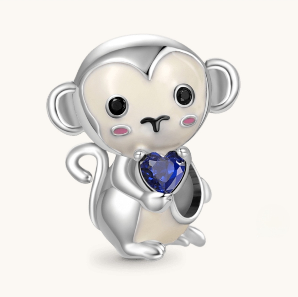 Gnoce Sterling Silver Chinese Zodiac Monkey Embraces Heart Gem Bracelet Charm